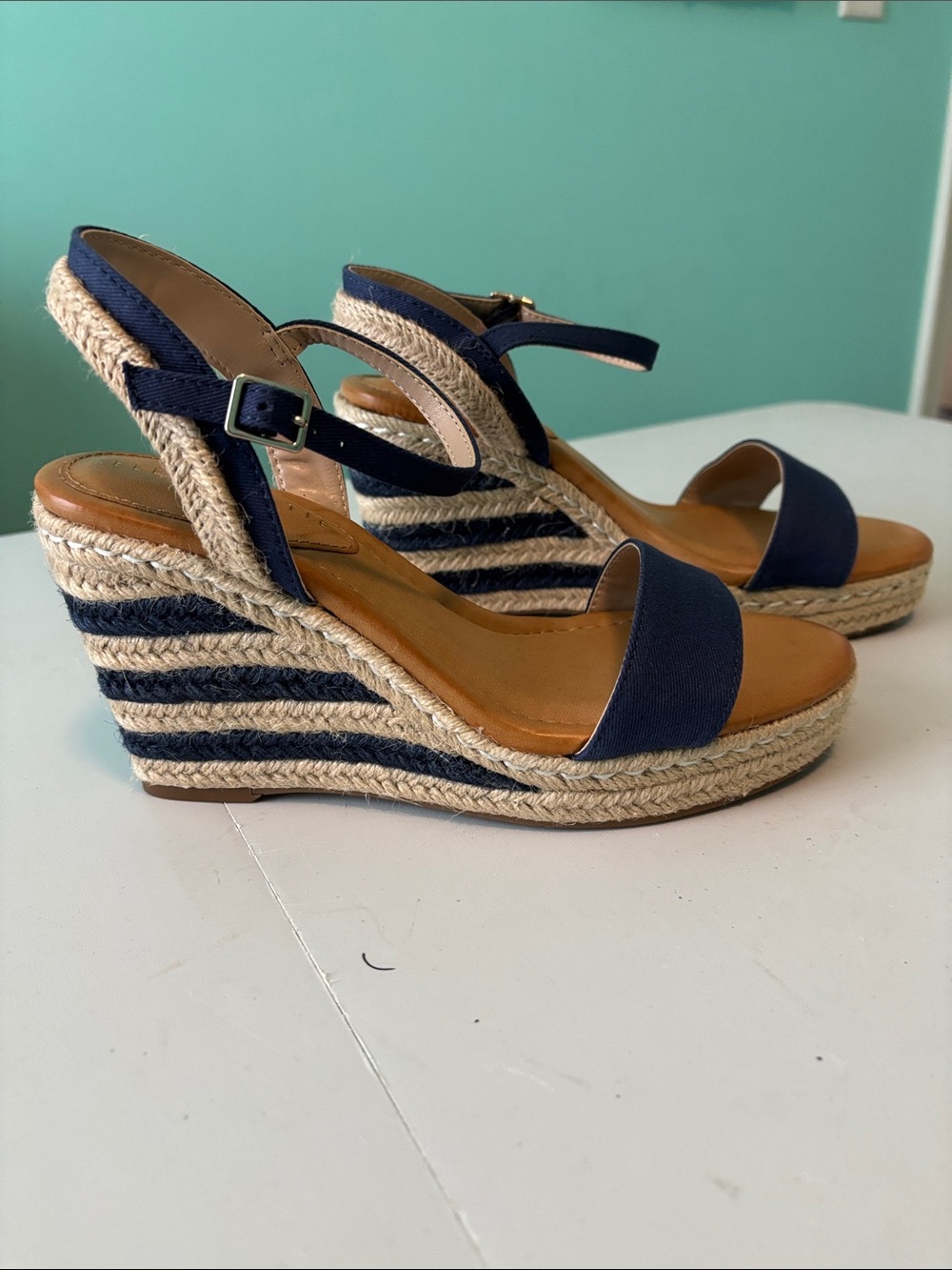 Kelly & Katie Navy and Natural Striped Espadrille Wedge Sandals Size 8 1/2 M